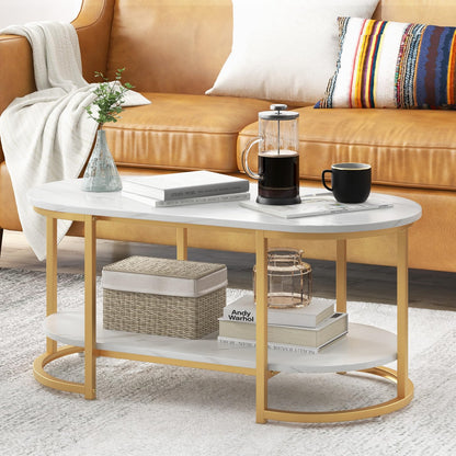 Goflame White Marble Coffee Table - Modern 2-Tier Center Table w/Open Storage Shelf