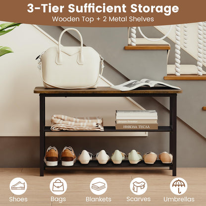 Goflame 3-Tier Shoe Bench 32" L Shoe Organizer Storage Bench with Metal Slat Shelves & Seat