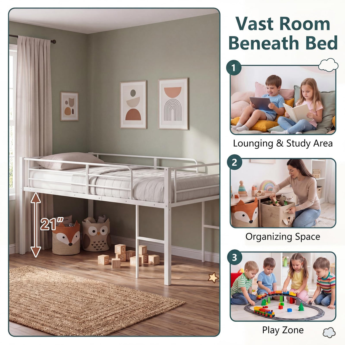 Goflame Twin Low Loft Bed | Metal Bed Frame with 21.5" H Under-Bed Space