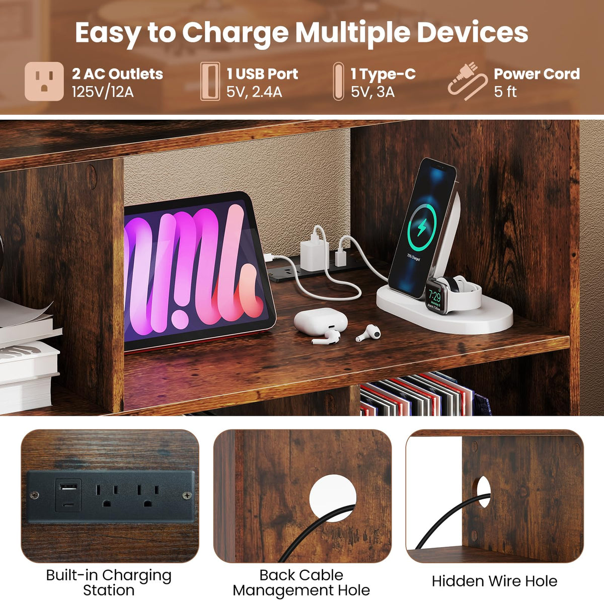 Goflame Large Record Player Stand with Charging Station