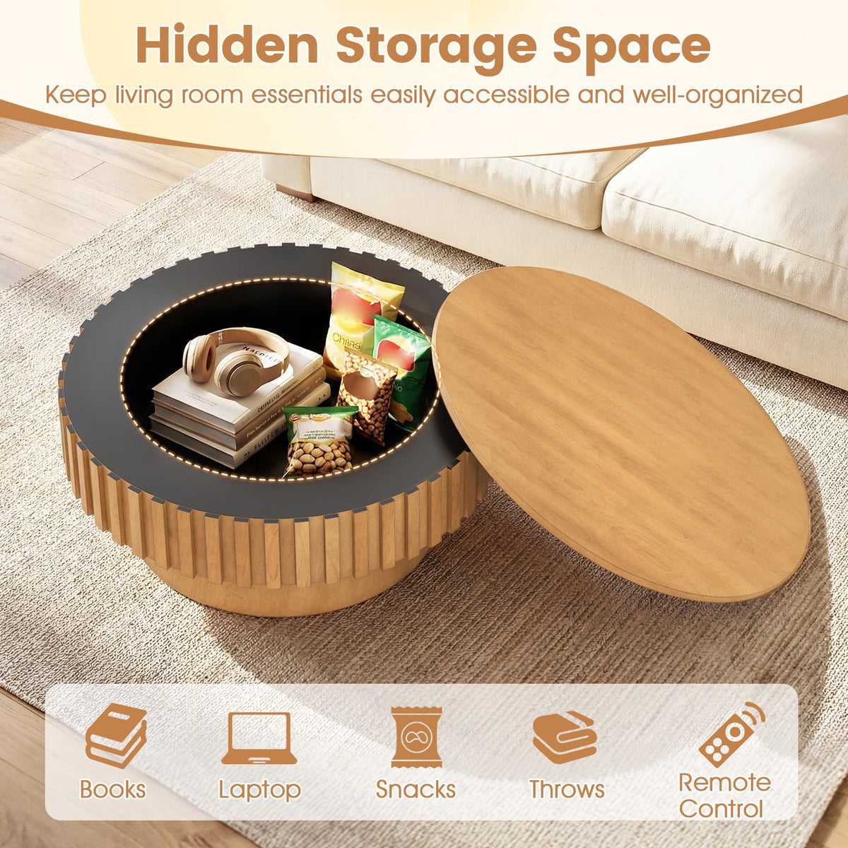 Goflame Round Coffee Table with Storage | Modern Drum Fluted Center Table with Solid Wood Veneered