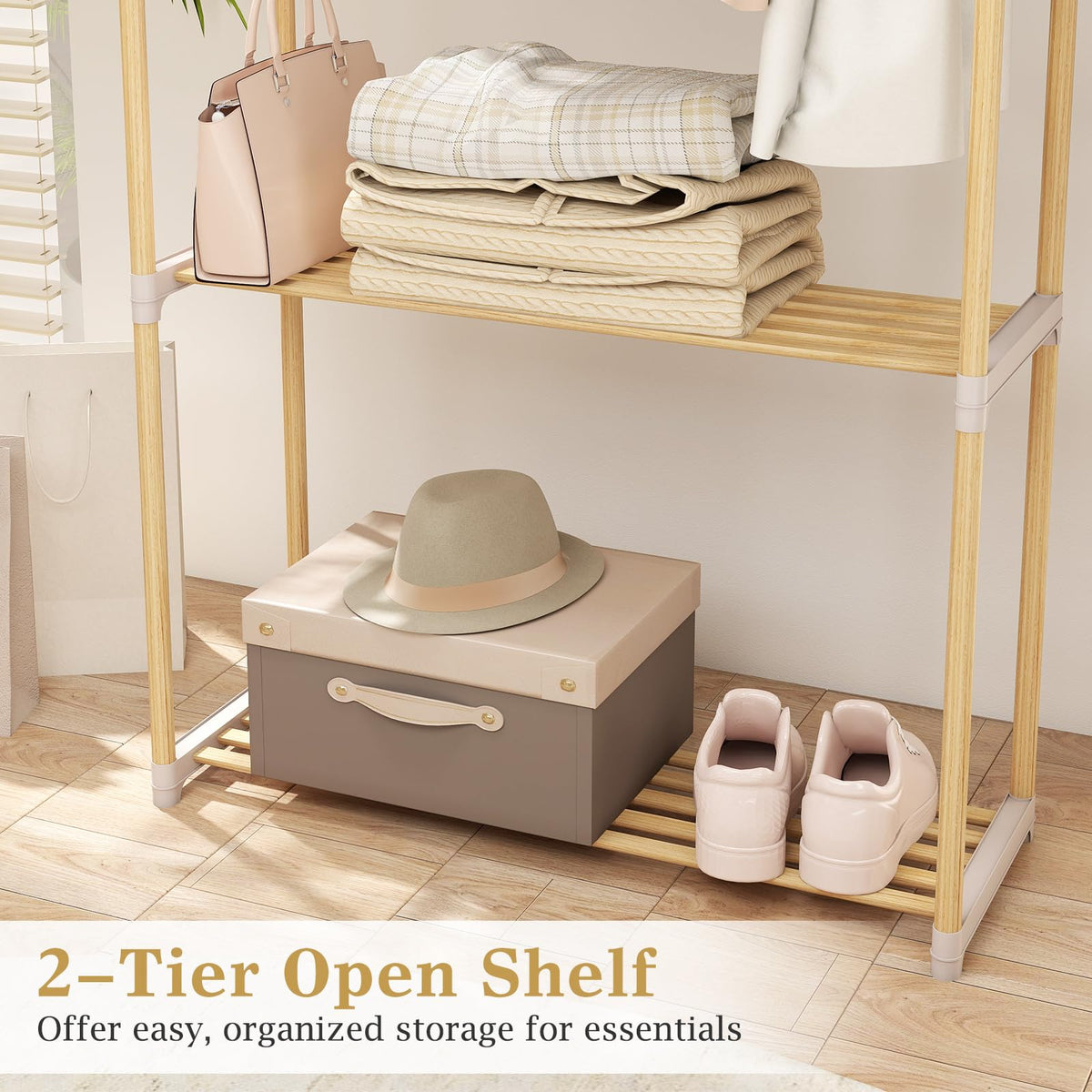 Goflame Pine Wood Clothes Rack with 2-Tier Open Storage Shelf for Hanging Clothes