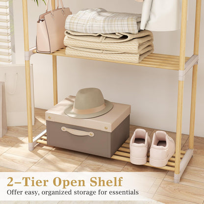 Goflame Pine Wood Clothes Rack with 2-Tier Open Storage Shelf for Hanging Clothes