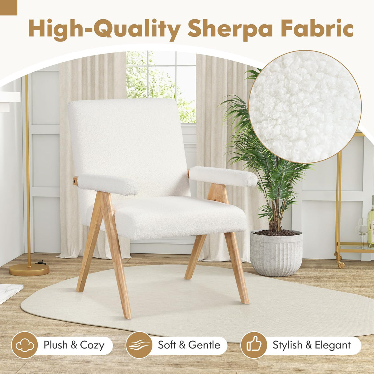 Goflame Mid-Century Modern Accent Chair, Sherpa Fabric Reading Chair with Padded Armrests