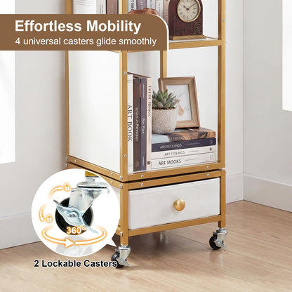 Goflame 4-Tier Rotating Bookshelf | 360° Spinning Corner Book Shelf Tower W/Removable Fabric Storage Drawer