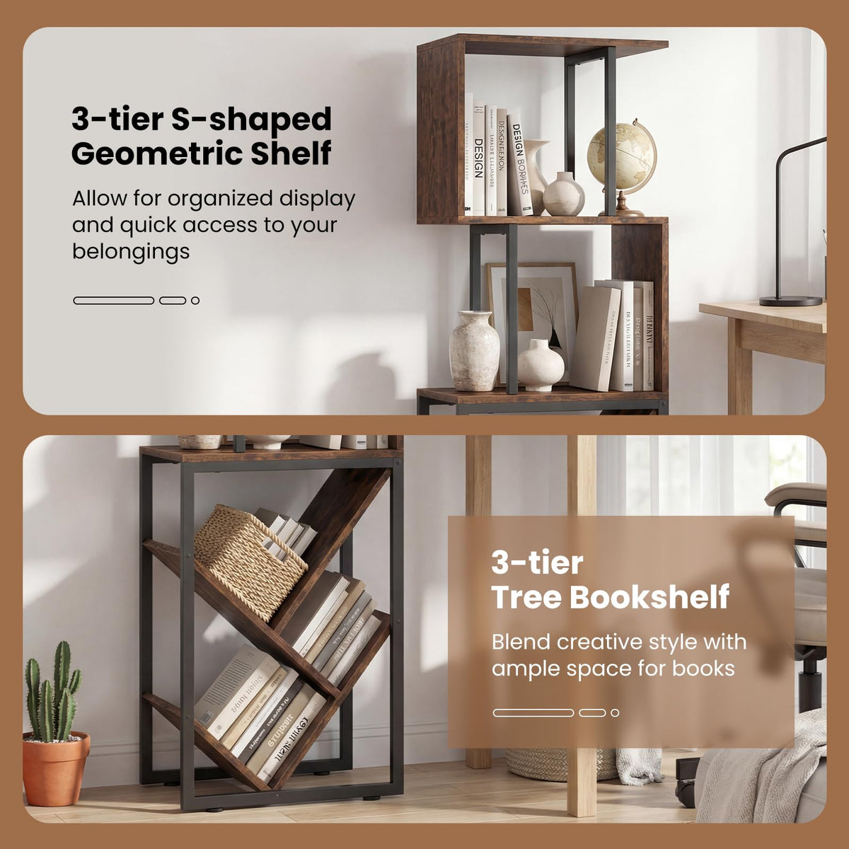 Goflame 6-Tier Bookshelf | Industrial S-Shaped Geometric Bookcase with Open Display Shelves
