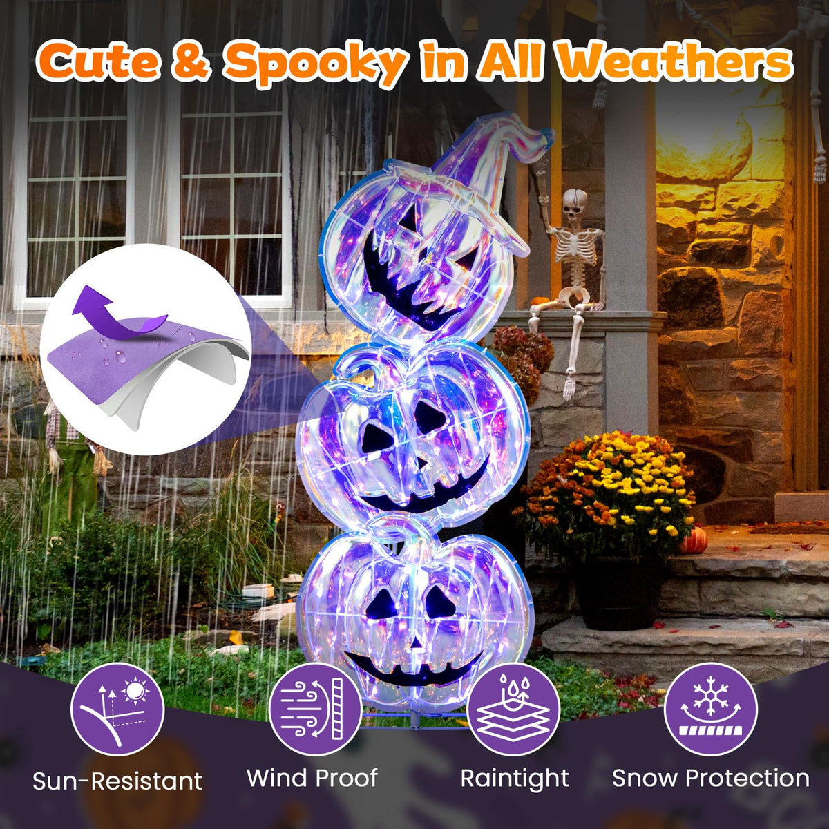 Goflame 3.4 Ft Halloween Decorations, Light up Stacked Pumpkins with 150 LED Lights