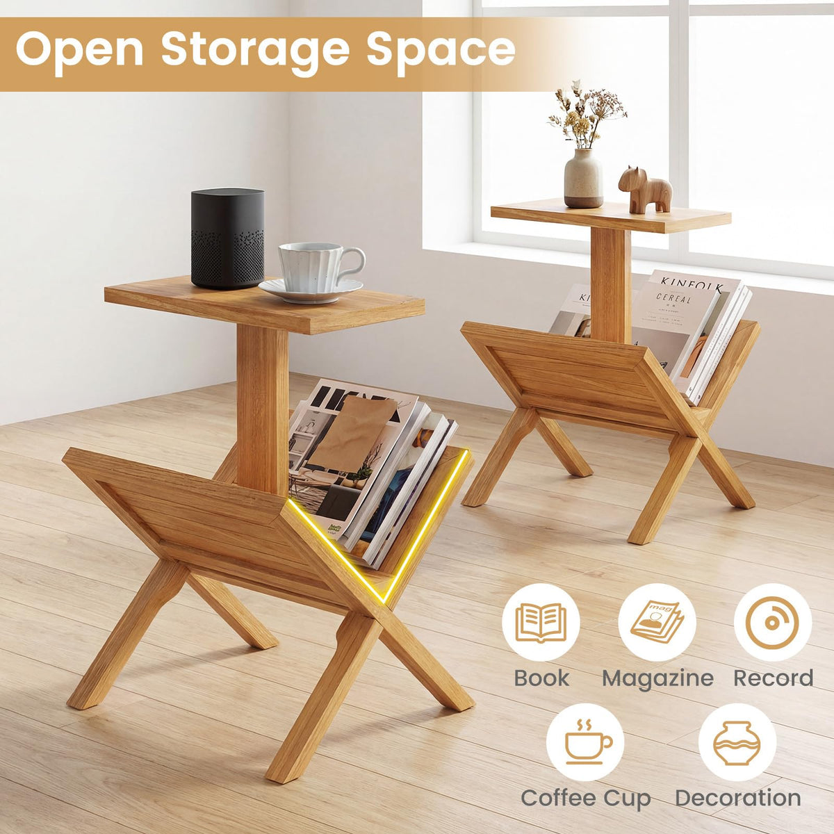 Goflame Side Table Teak Wood Set of 1/2 2-Tier Sofa Couch End Table