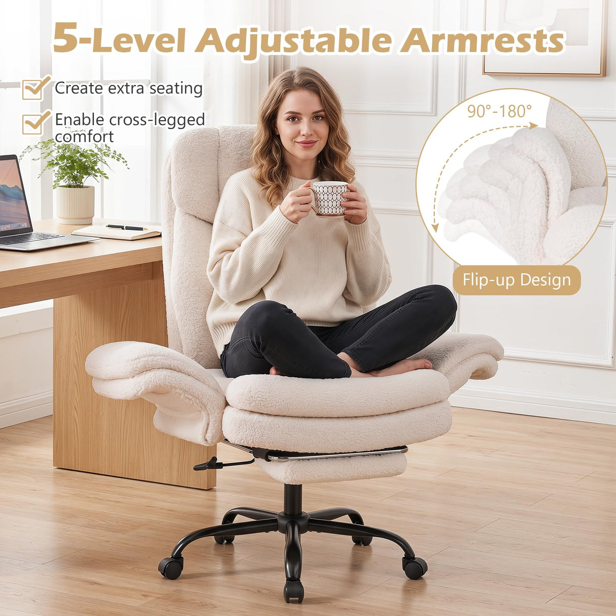 Goflame Criss Cross Legged Reclining Desk Chair with 5-Level Adjustable Armrests