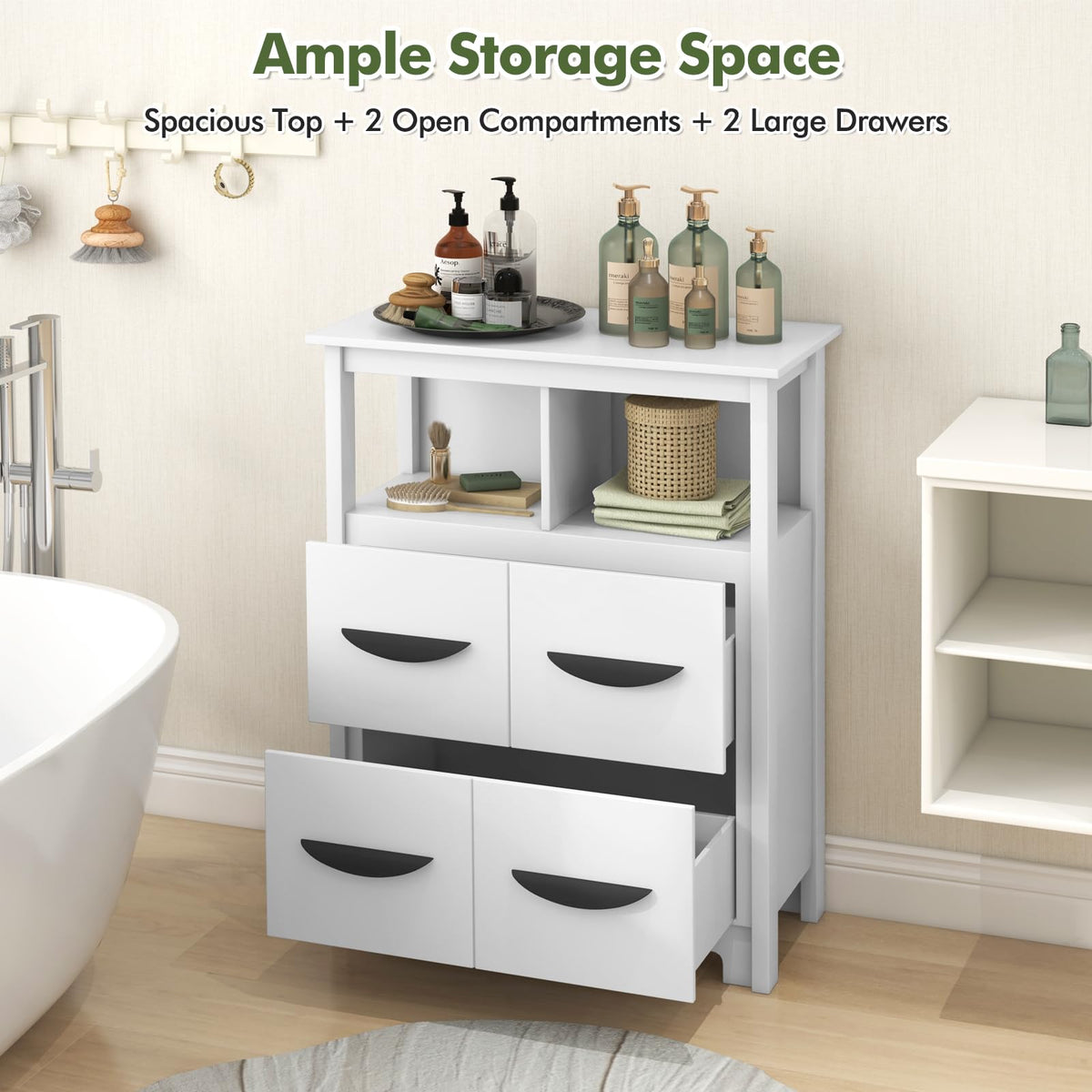 Goflame Storage Cabinet with Large Drawers, Open Storage Compartments, Anti-Tipping Kit, White