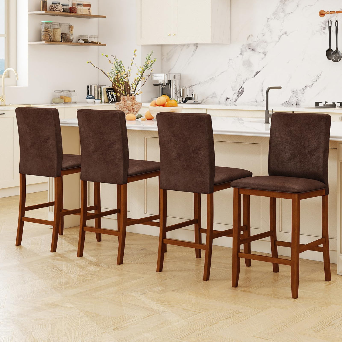 Goflame 26" Bar Stools Set of 2/4 Upholstered Counter Height Bar Chairs with Solid Rubber Wood Legs