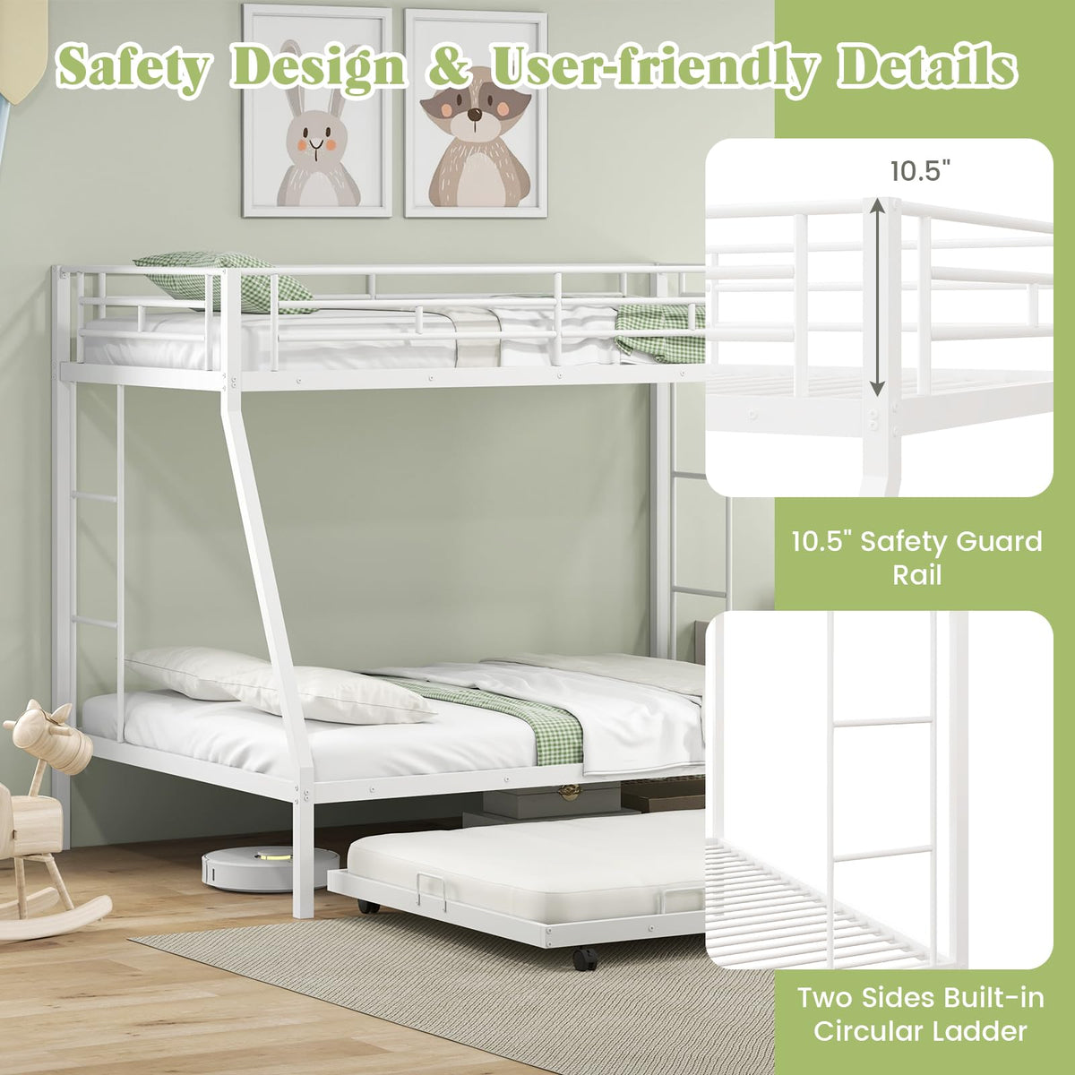 Goflame Twin Over Full Bunk Bed with Trundle, Heavy-Duty Metal Triple Bunk Beds