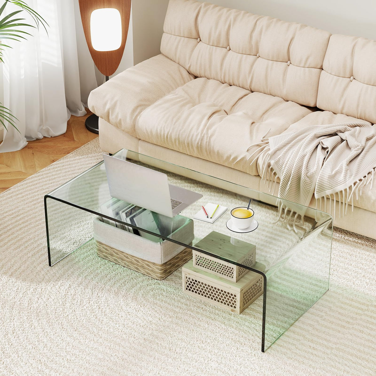 Goflame 40 Inch Clear Center Coffee Table with Tempered Glass Top & Round Edges