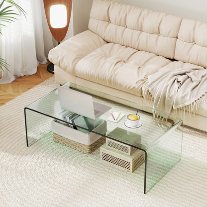 Goflame 40 Inch Clear Center Coffee Table with Tempered Glass Top & Round Edges