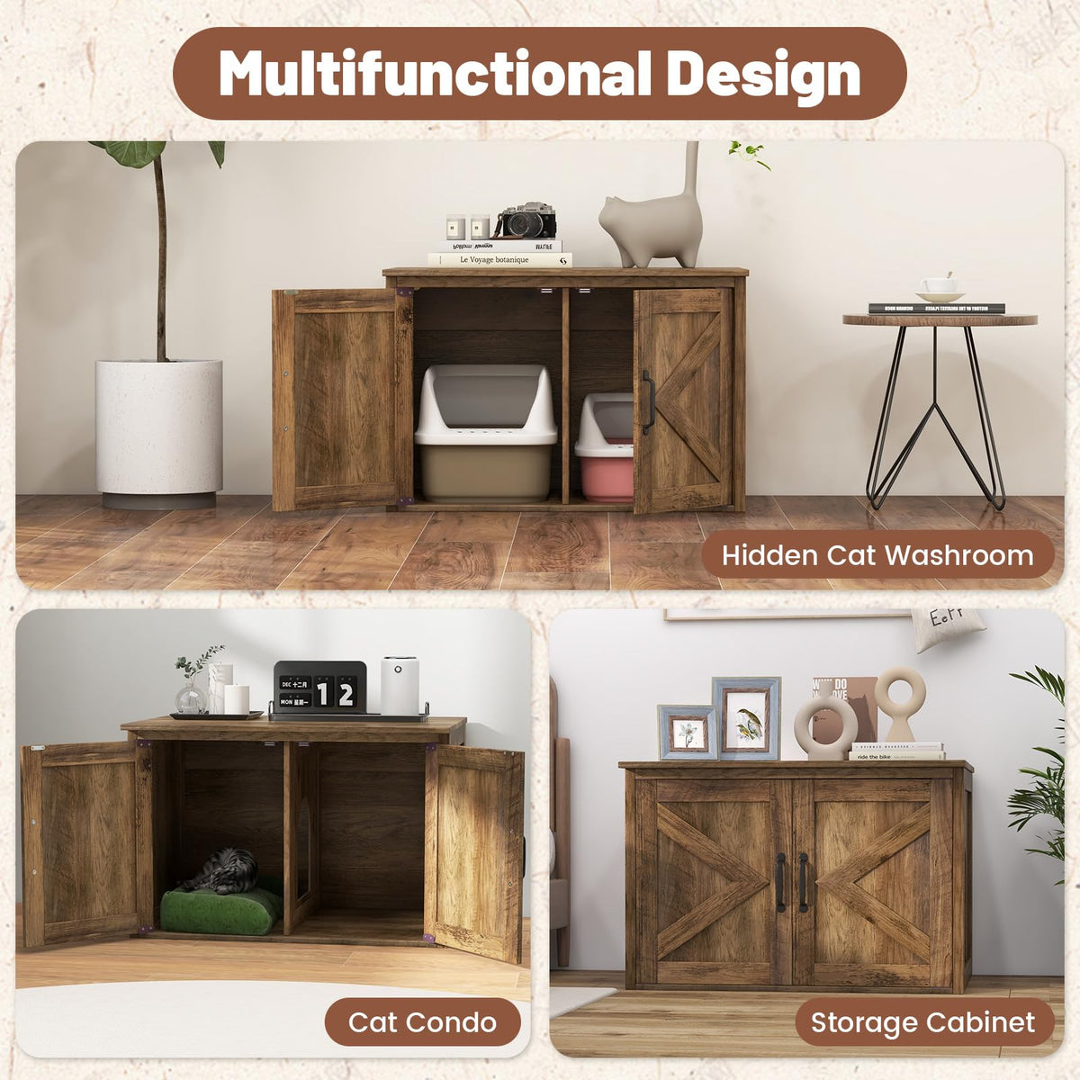 Goflame Cat Litter Box Enclosure - Flip Top Litter Box Hidden Furniture with Barn Door, Side Entrance