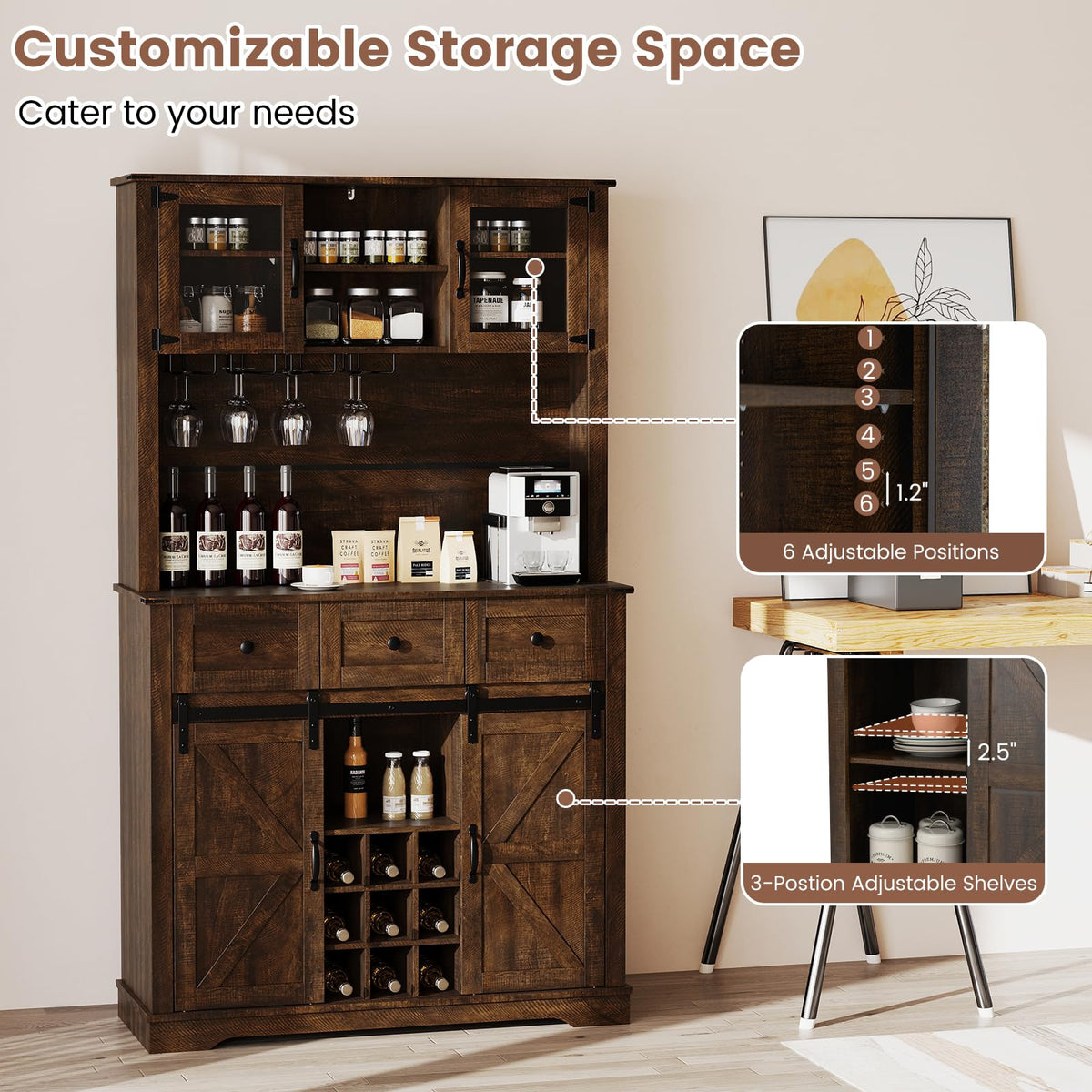 Goflame 72" Farmhouse Coffee Bar Cabinet w/Glass Doors & Wine Racks