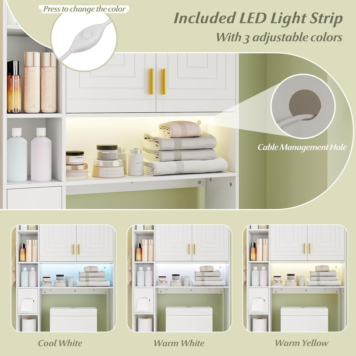 Goflame Over The Toilet Storage Cabinet with LED Light Doors Toilet Paper Holder