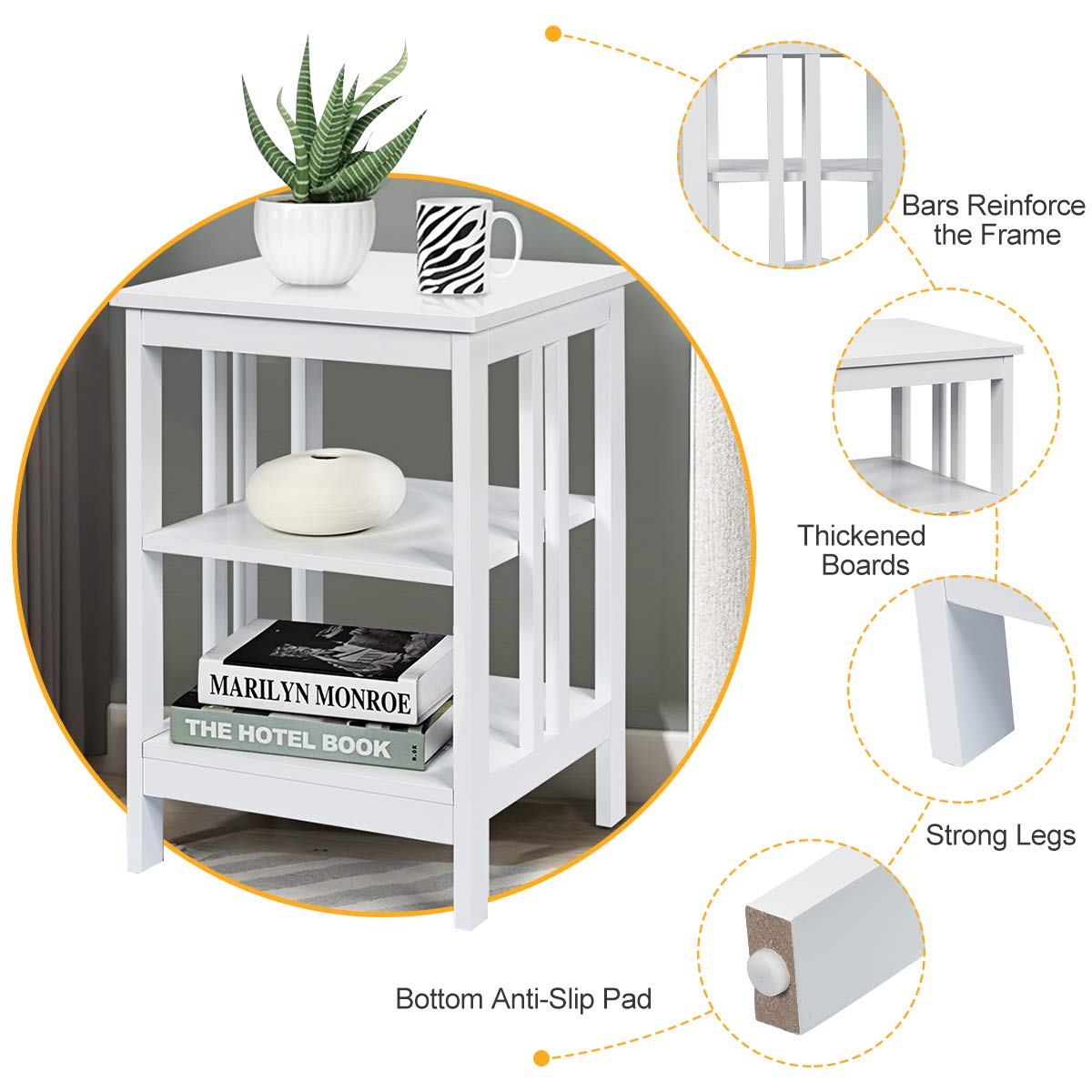 Goflame Nightstand 3-Tier Sofa Side Table W/Reinforced Bars and Stable Structure