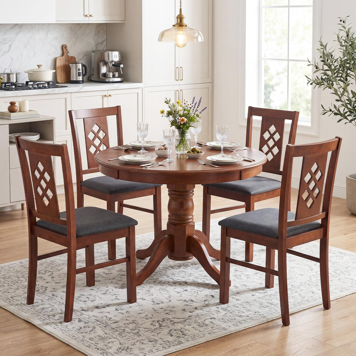 Goflame Wooden Upholstered Kitchen Chair with Elegant Diamond Back (2/4)