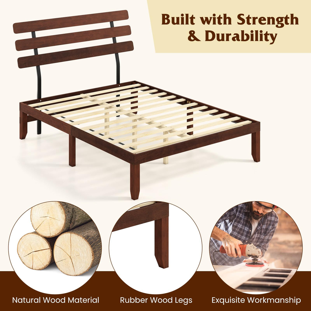 Goflame Queen/Full/Twin Size Platform Bed with Retro Headboard Mid Century Modern Bed Frame with Wood Slat Support