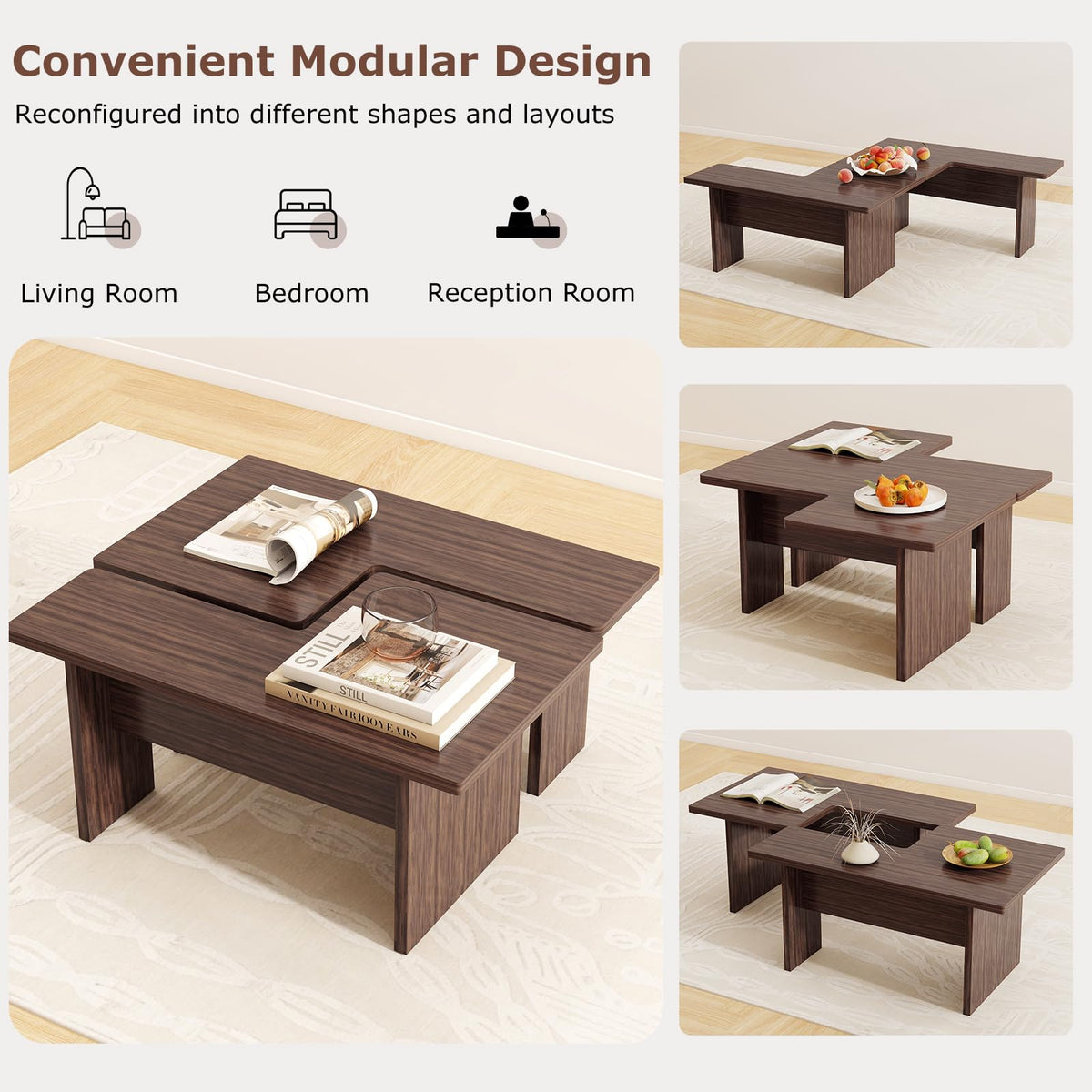 Goflame L-Shaped Coffee Table Set of 2 Modular Nesting Center Table with Grain Finish