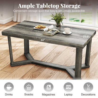 Goflame Farmhouse Wood Coffee Table with Cross-Shaped Base & Rubber Wood Frame