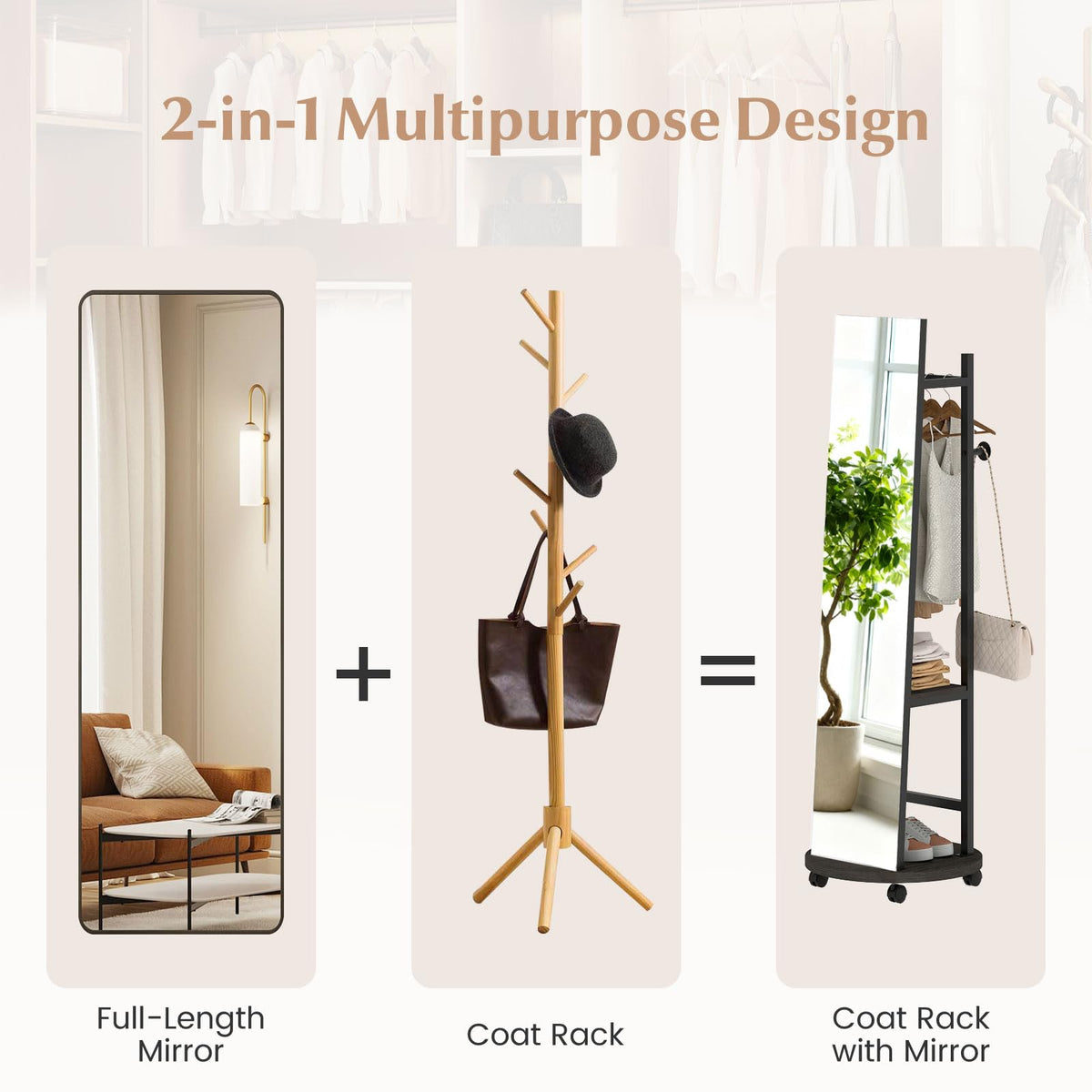 GOFLAME Full Length Mirror with Coat Rack & Storage Hanger