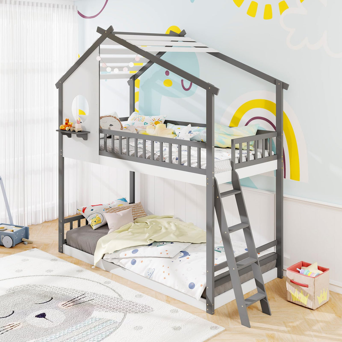 Goflame Solid Wood Floor Bunk Bed with Ladder and Full-Length Guardrails