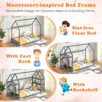 Goflame Twin Floor Bed, Wood Montessori Floor Bed with Detachable 3 Tier Storage Bookshelf & Clothes Rack