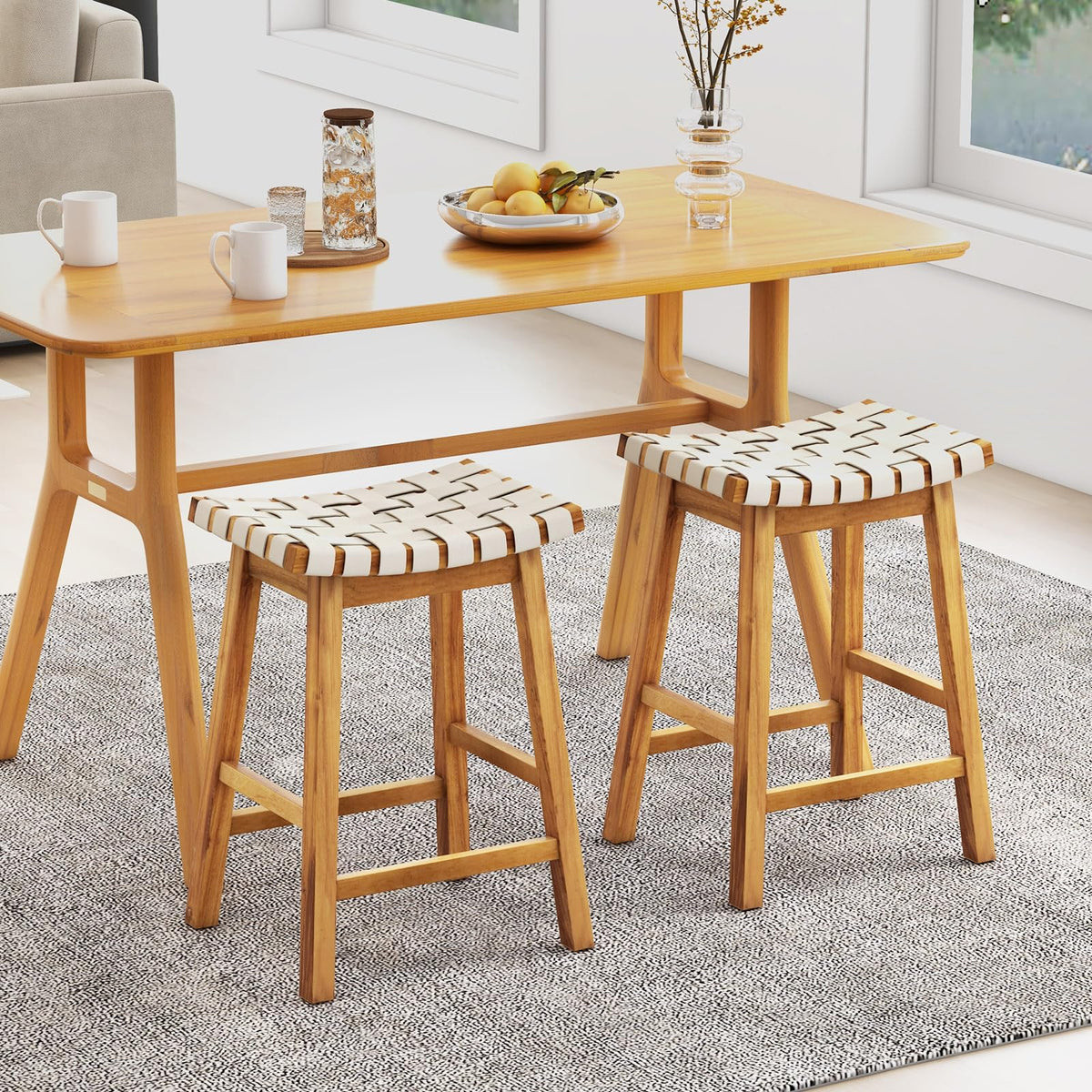 Goflame 25.5/31" Woven Bar Stools Set of 2/4, Faux PU Leather Counter Height Saddle Stools with Woven Curved Seat