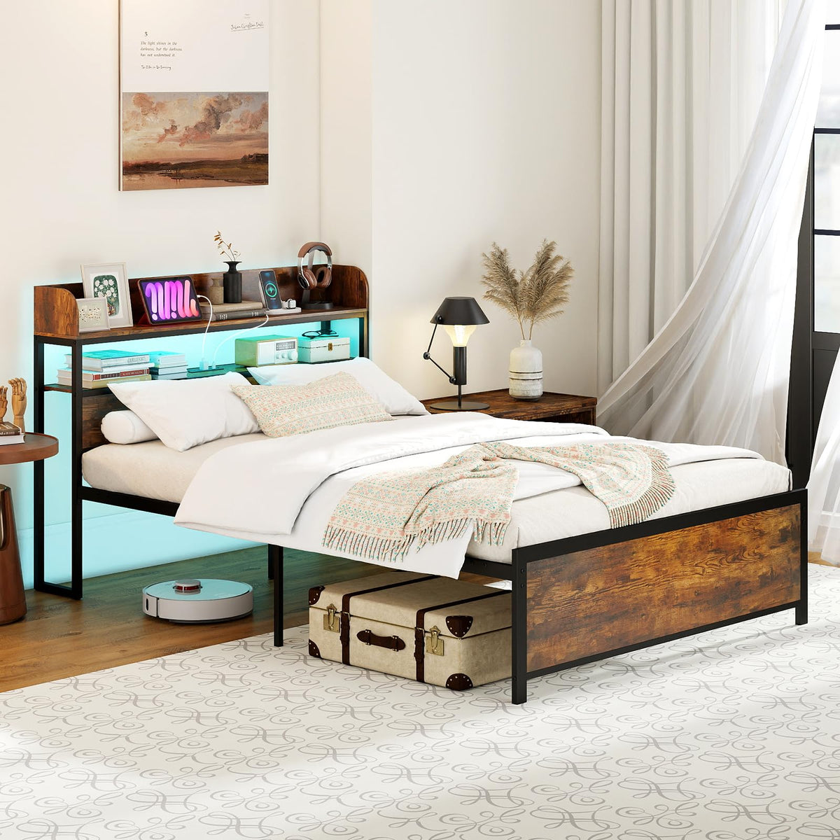 Goflame Metal Platform Bed Frame with Storage Headboard