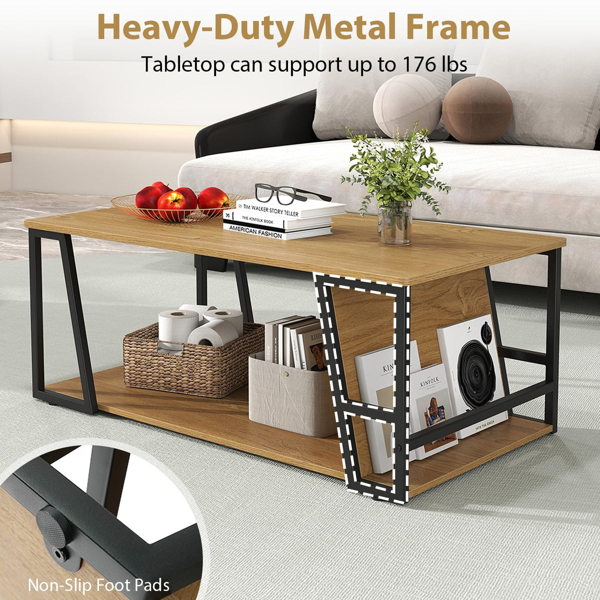 Goflame Rectangle Coffee Table 2-tier Industrial Accent Table with Storage Shelf and Compartment