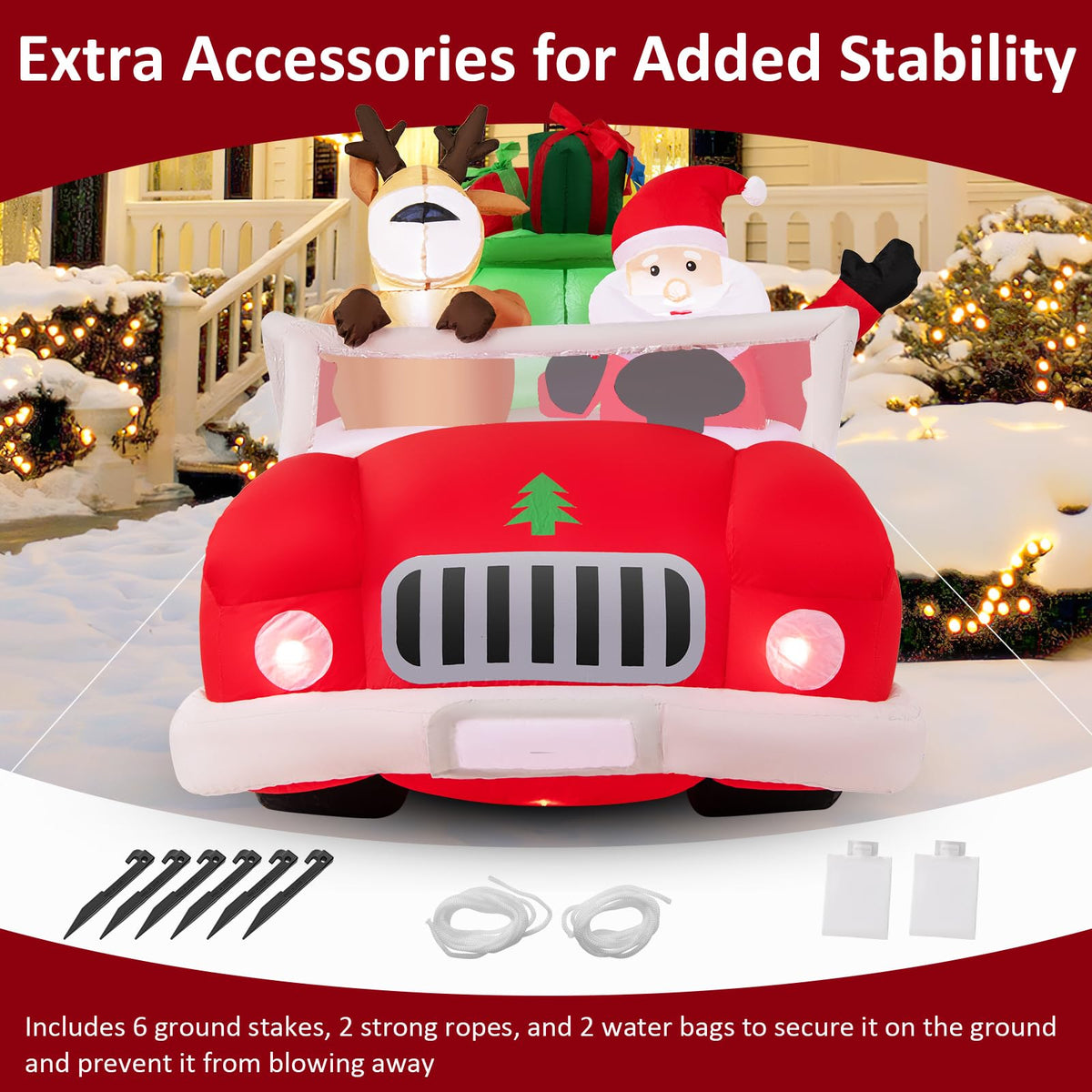 Goflame 7.7 FT Long Lighted Xmas Inflatable Santa Claus & Reindeer Driving Red Car Gift Boxes