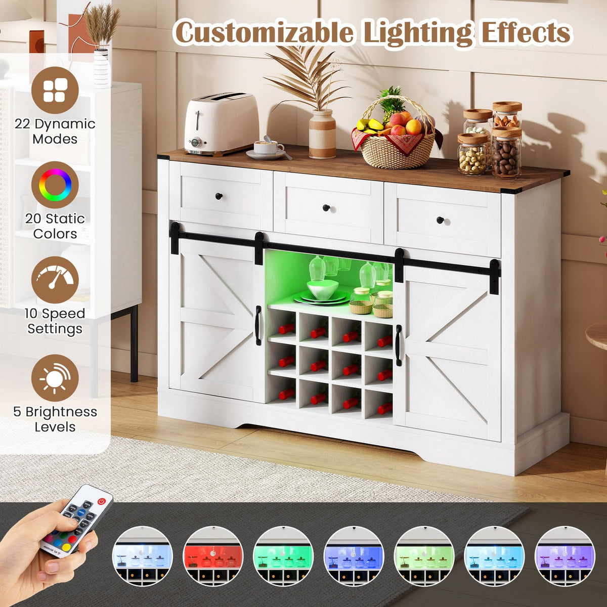 Goflame Wine Bar Cabinet with LED Lights 52" Buffet Sideboard w/Sliding Barn Door 3 Drawer