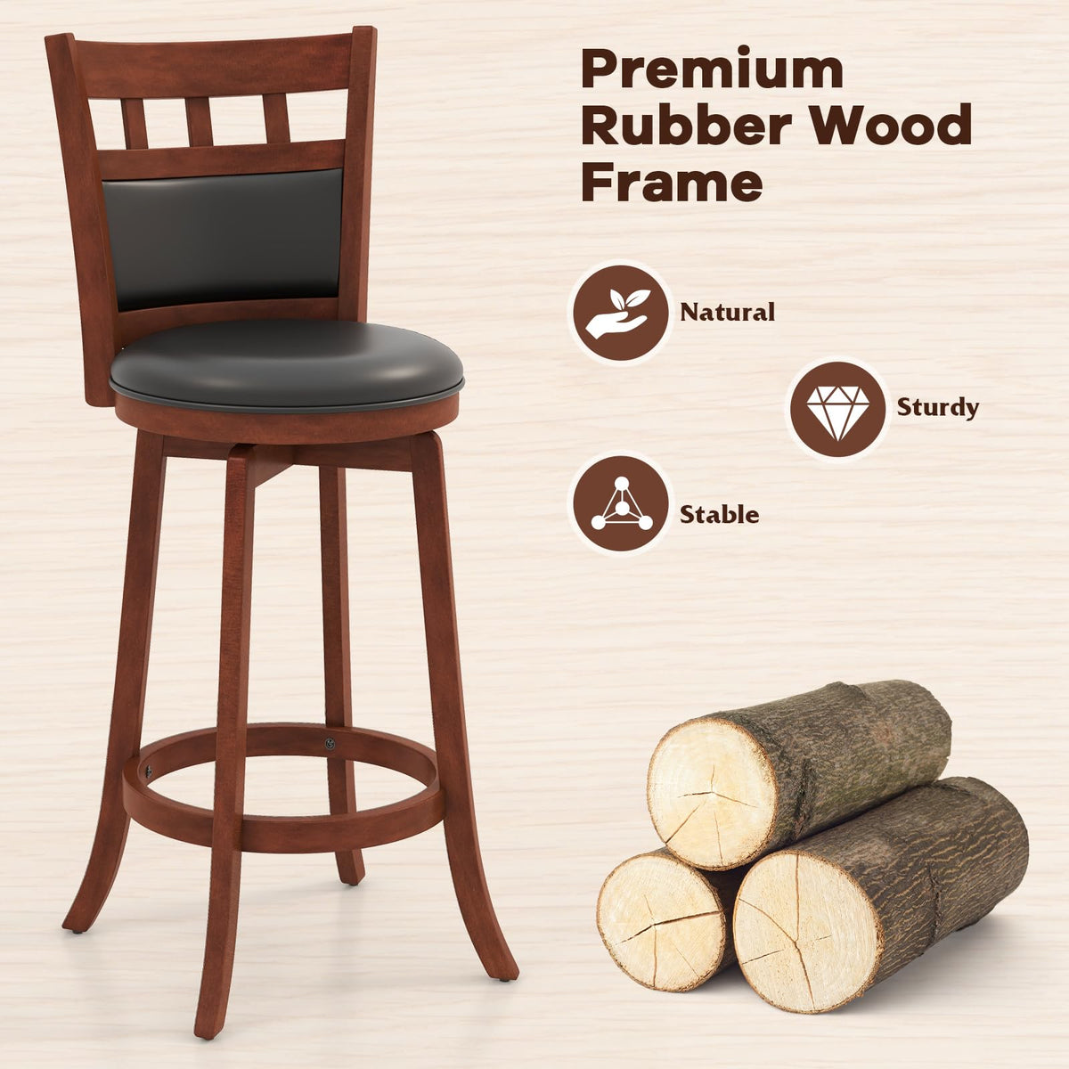 Goflame Wood Bar Stools Set, 31" Swivel Bar Height Barstools w/Back, Rubber Wood Frame