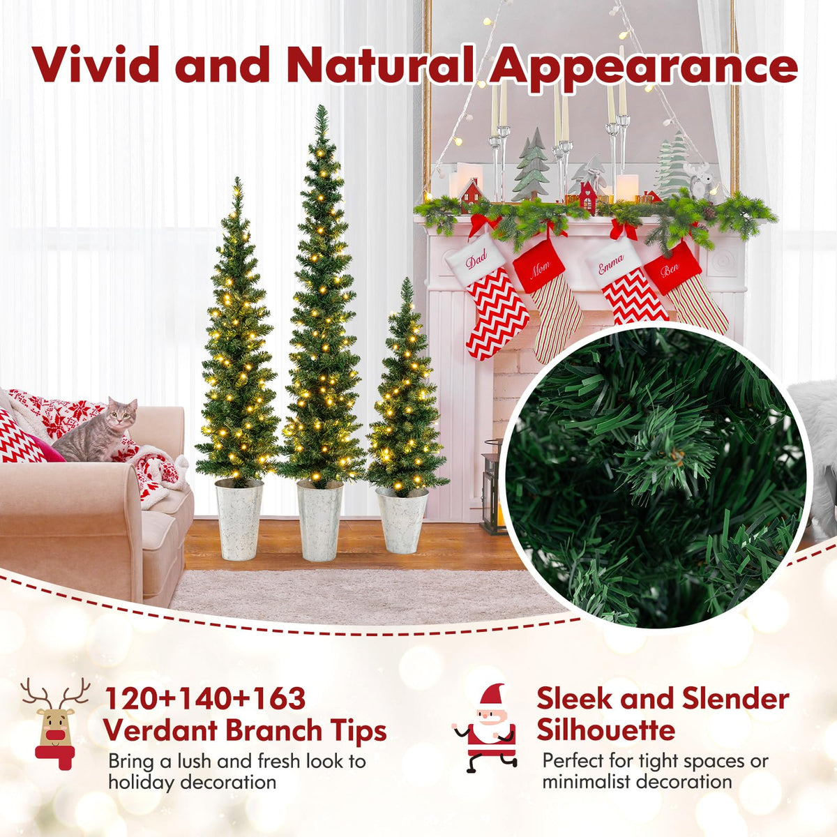 Goflame 3' 4' 5' Pre-Lit Artificial Christmas Tree Set of 3, Slim Pencil Potted Xmas Tree with 423 Branch Tips, 230 Warm White LED Lights
