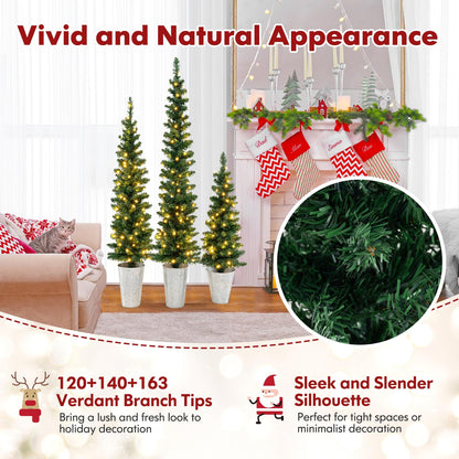 Goflame 3' 4' 5' Pre-Lit Artificial Christmas Tree Set of 3, Slim Pencil Potted Xmas Tree with 423 Branch Tips, 230 Warm White LED Lights