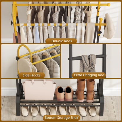 Goflame Double Rod Freestanding Clothes Rack with 5 Coat Hooks