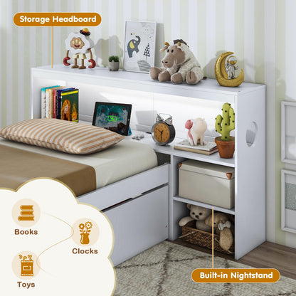 Goflame Wood Twin Bed Frame with Storage Drawer & Headboard, Modern Platform Bed with Charging Station & LED Light