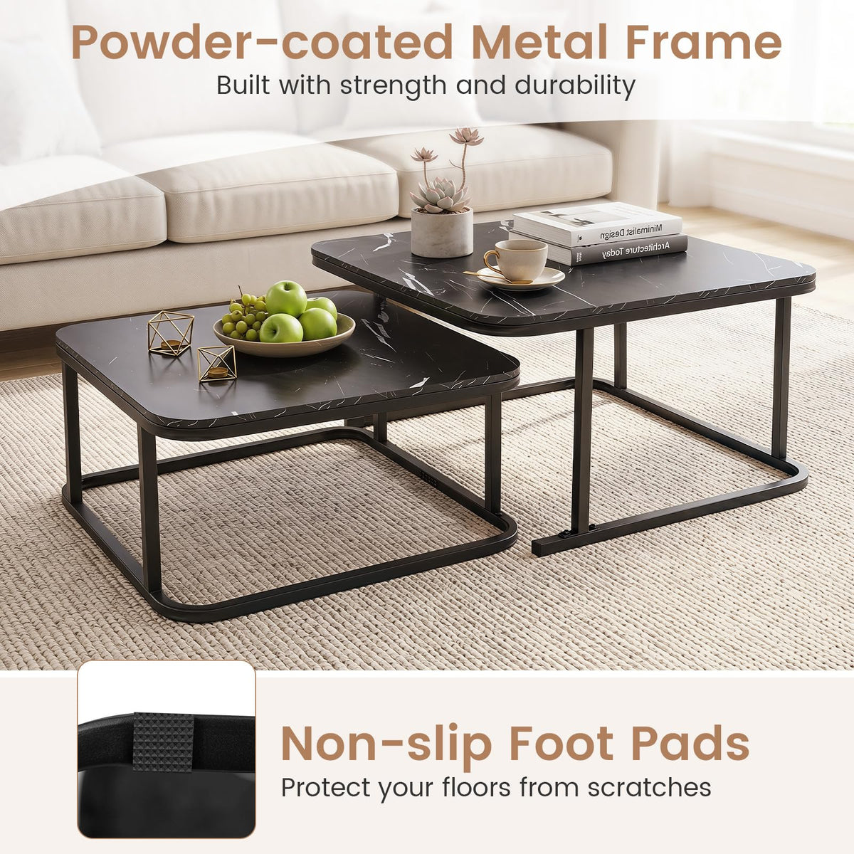 Goflame Nesting Coffee Table Set of 2 with Metal Frame