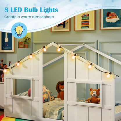 Goflame Twin Kids House Bed with Light Bulbs Wooden Montessori Floor Bed Frame with Roof & Windows
