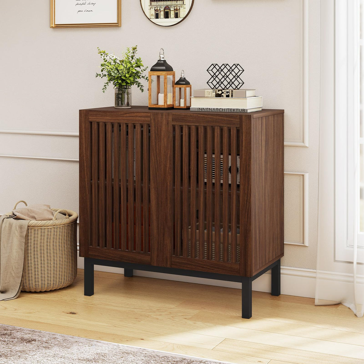 Goflame Sideboard Buffet Cabinet | 32" Farmhouse Coffee Bar with Slatted Doors