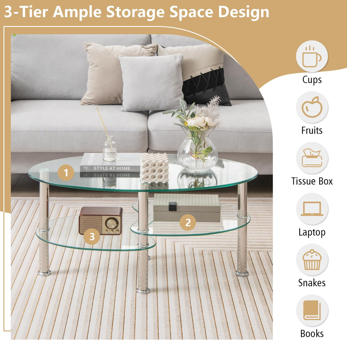 Goflame Oval Glass Coffee Table - 3-Tier Transparent Tempered Glass Center Table with Metal Stand, 35"× 20" ×18"