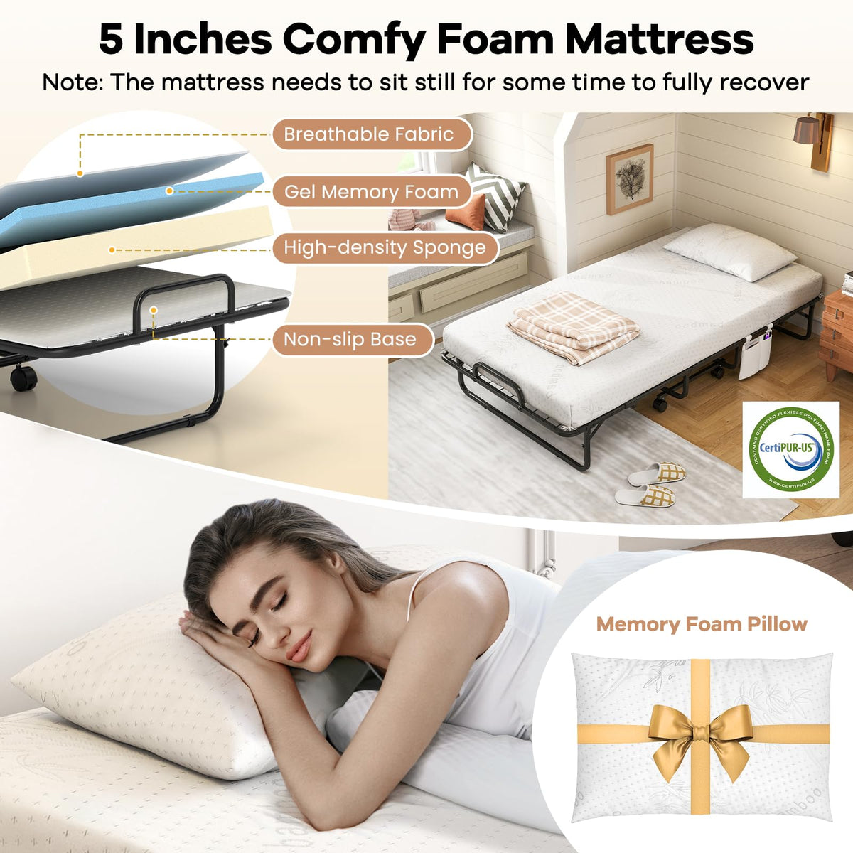 Goflame Twin Folding Bed with 5 Inch Mattress