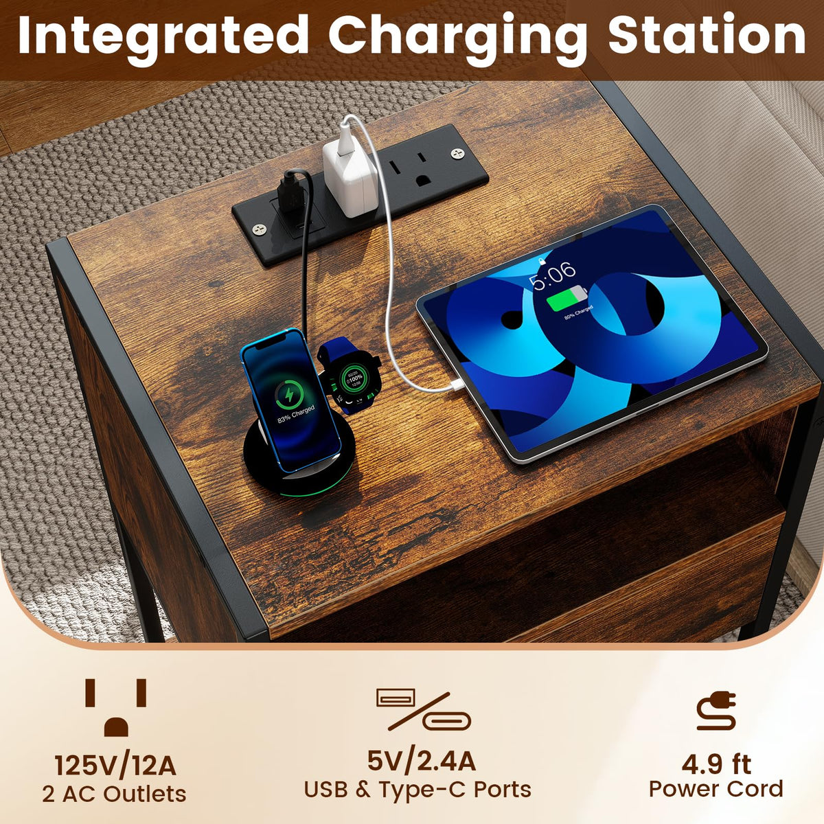 Goflame Night Stand with Charging Station for Bedroom Small Spaces