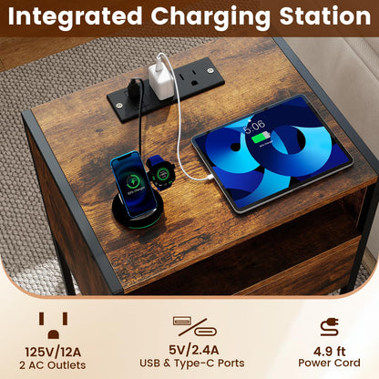 Goflame Night Stand with Charging Station for Bedroom Small Spaces