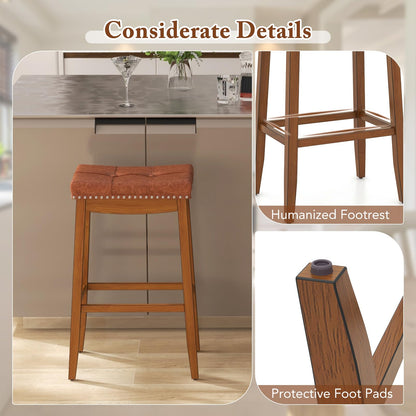 Goflame Bar Stools Set, 29" Counter Height Bar Stools w/Saddle Seat, Footrest, Rivet, Button Tufted, Rubber Wood Frame