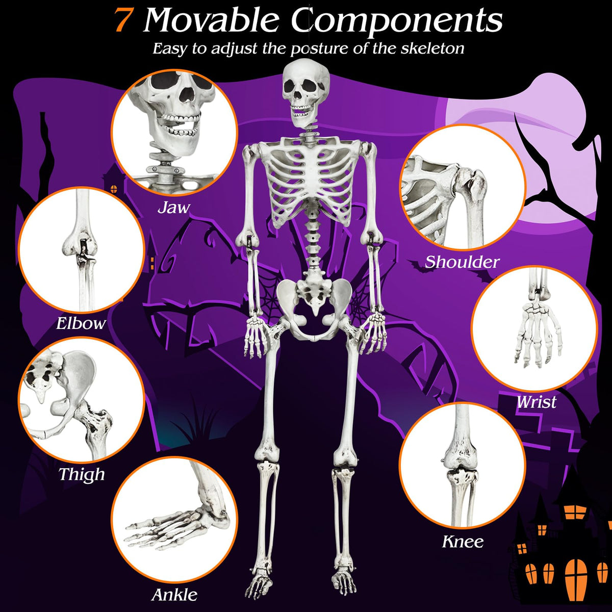 Halloween Life Size Full Body Skeleton, 5.4Ft Festival Skeleton Prop Decoration w/7 Movable Components