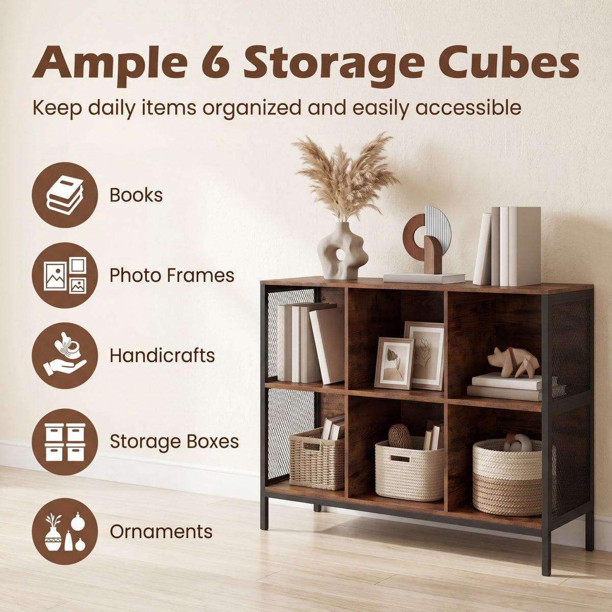Goflame Industrial Accent 42" Wide Bookcase with 6 Cubes