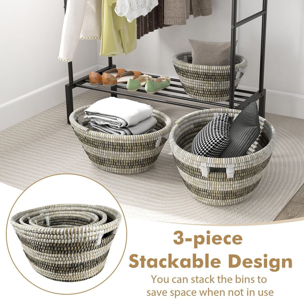 Goflame Woven Laundry Basket 24"/20"/16"- Set of 3 Stackable Storage Baskets with Handles